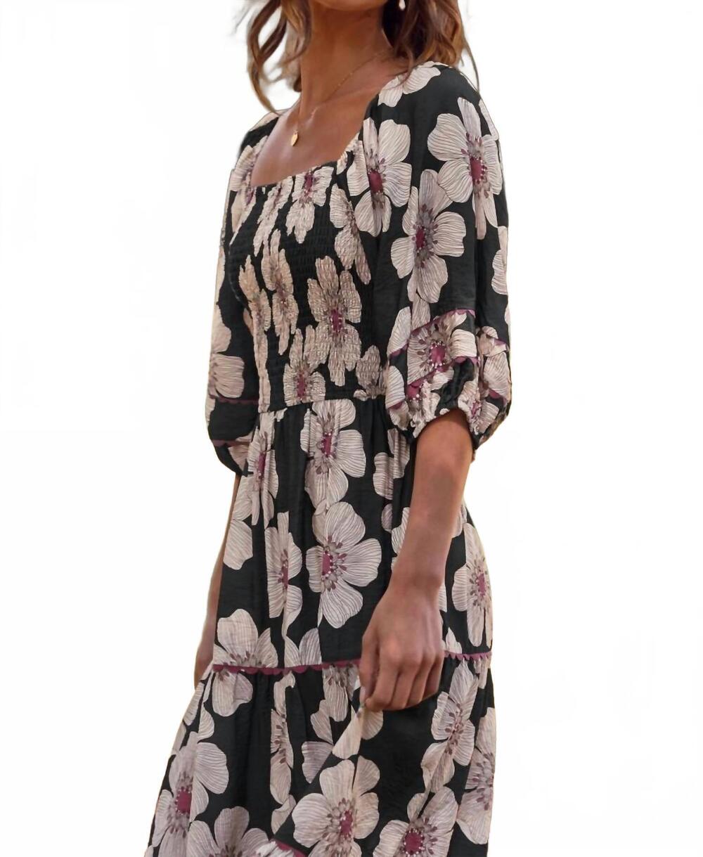 NEW ODDI floral printed tiered midi dress in charcoal multi